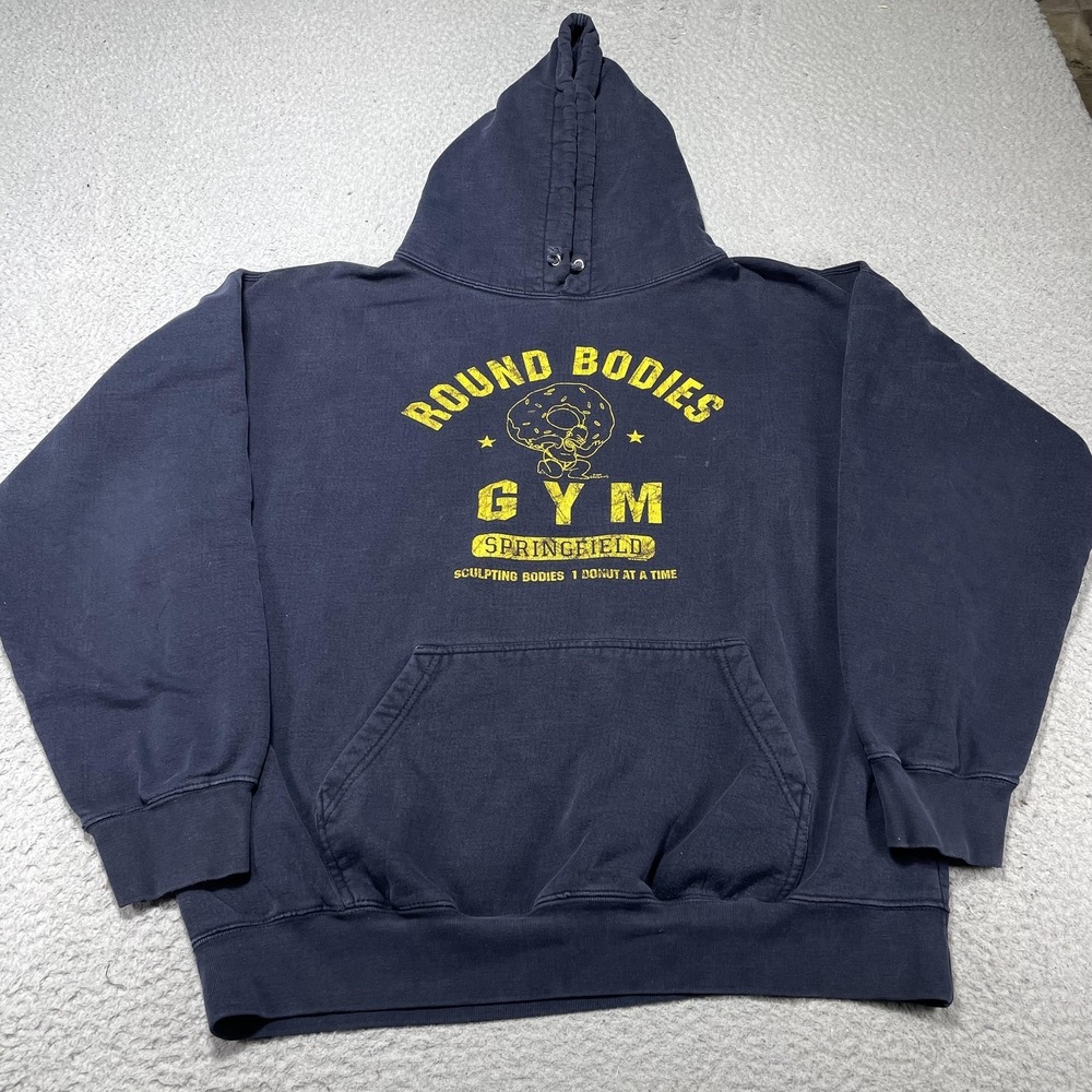 Classic Hoodie Mens L Blue Round Bodies Gym Homer Simpson‎ Fleece Sweatshirt VTG